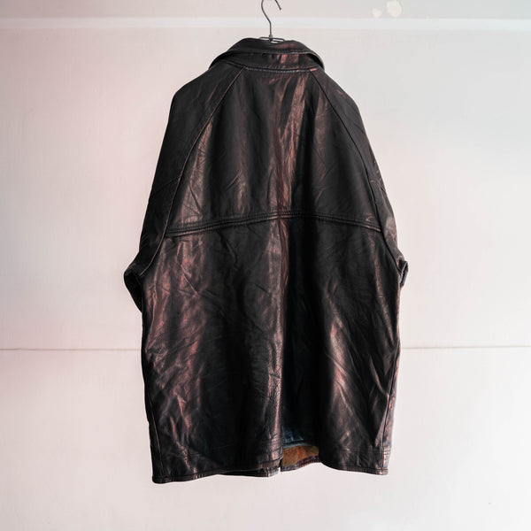 1970-80s Europe black leather long coat -toggle buttons-