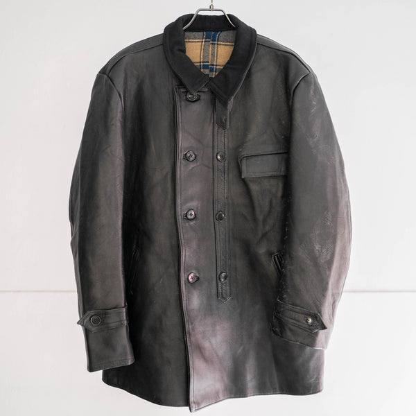 50-60s France double breasted leather jacket 'corbusier jacket' -with black wool collar-