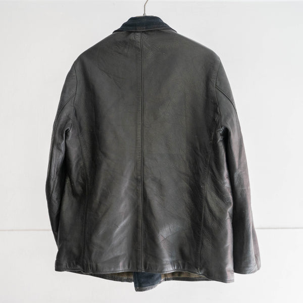 50-60s France double breasted leather jacket 'corbusier jacket' -with navy wool collar-