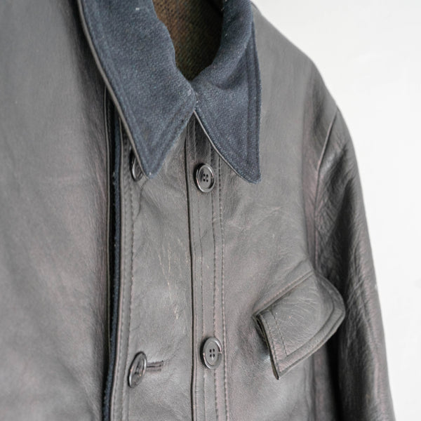 50-60s France double breasted leather jacket 'corbusier jacket' -with navy wool collar-