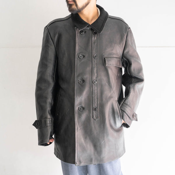 50-60s France double breasted leather jacket 'corbusier jacket' -with black wool collar-