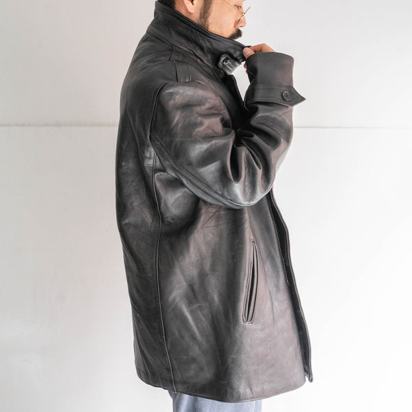 50-60s France double breasted leather jacket 'corbusier jacket' -with black wool collar-