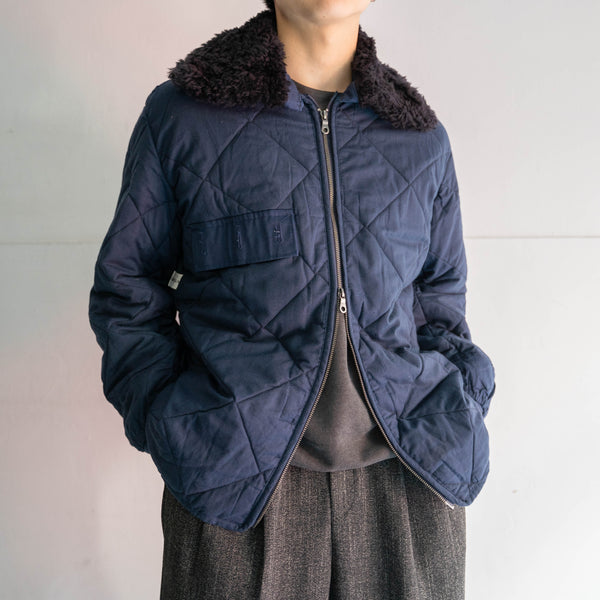 1980s Europe military navy quilting jacket with boa collar -double zip remake-