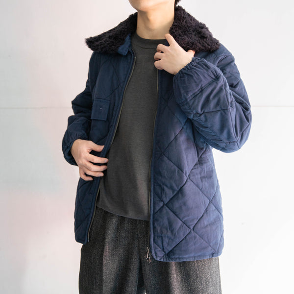 1980s Europe military navy quilting jacket with boa collar -double zip remake-