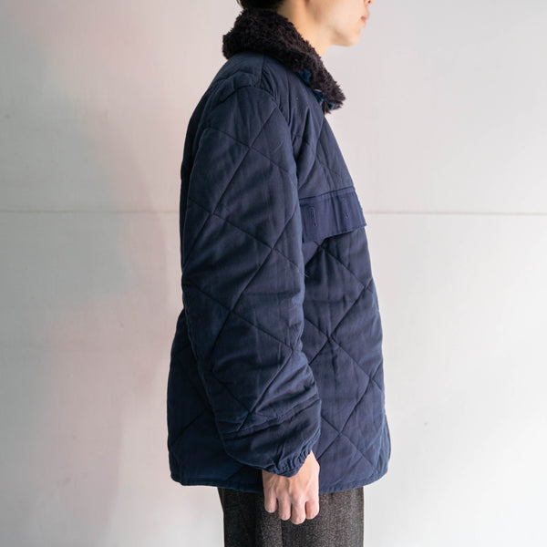 1980s Europe military navy quilting jacket with boa collar -double zip remake-