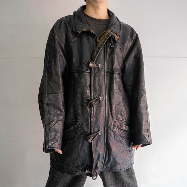1970-80s Europe black leather long coat -toggle buttons-