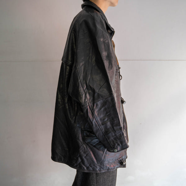 1970-80s Europe black leather long coat -toggle buttons-