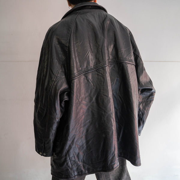 1970-80s Europe black leather long coat -toggle buttons-