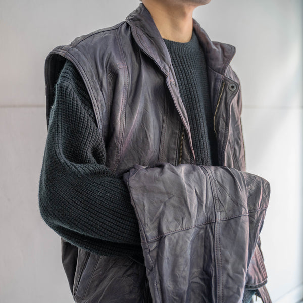 1990s purple leather short blouson -detatchable arms-