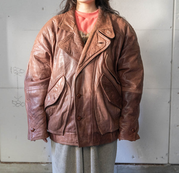 around 1990s Europe brown color strange pattern pocket design leather jacket