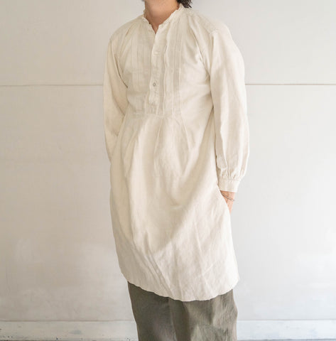 ~1920s France antique linen smock shirt -stand collor type-