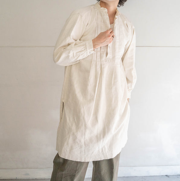 ~1920s France antique linen smock shirt -stand collor type-