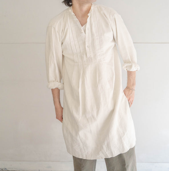 ~1920s France antique linen smock shirt -stand collor type-