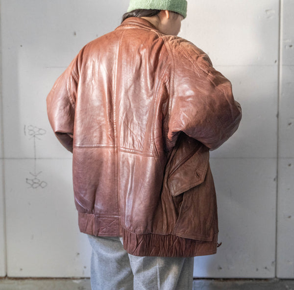 around 1990s Europe brown color strange pattern pocket design leather jacket