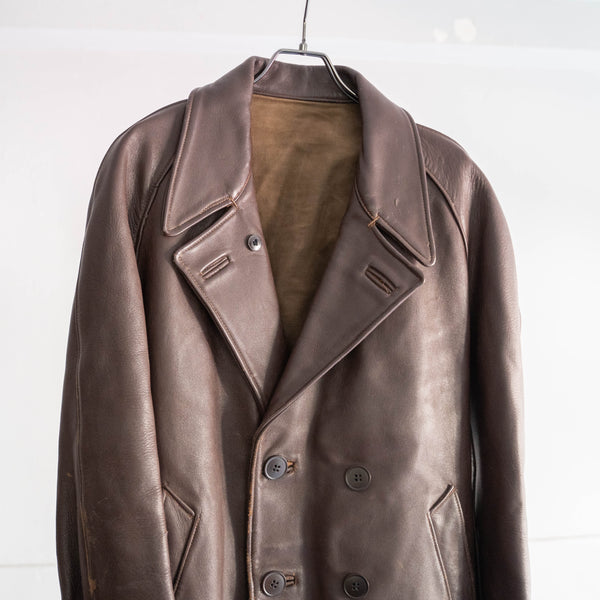 around 1950s France brown leather double breasted coat with belt