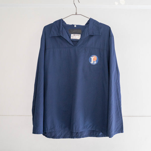 around 1990s French dark blue color pullover work shirt -with print-