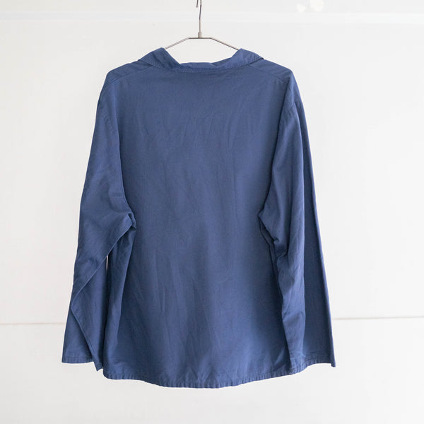 around 1990s French dark blue color pullover work shirt -with print-