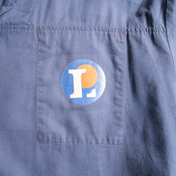 around 1990s French dark blue color pullover work shirt -with print-