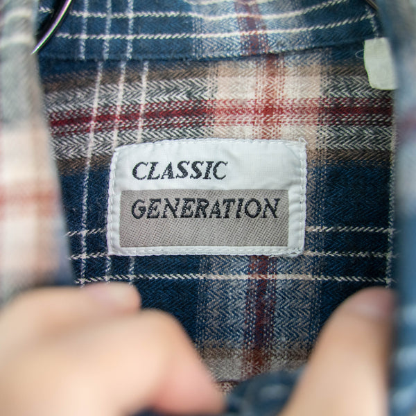 1970s France dark navy×red×yellow checked grandpa shirts