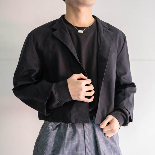 1980-90s Europe black cotton work jacket ‘dead stock’ -strange style- -1