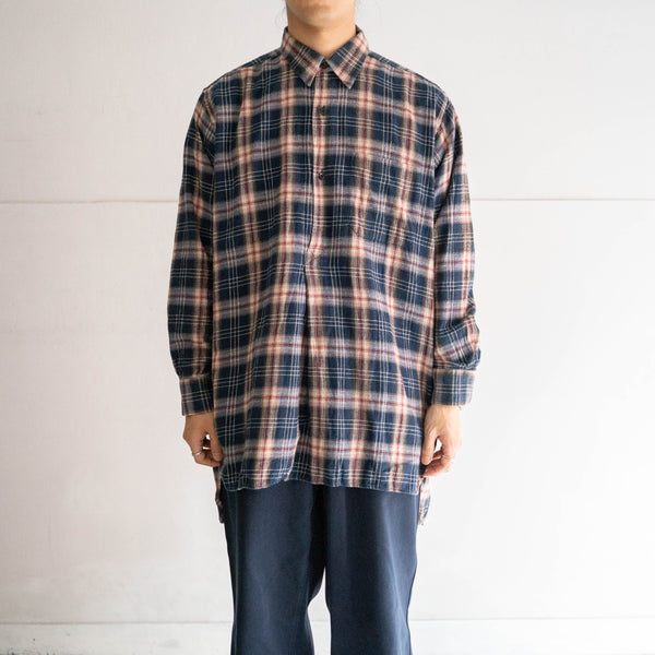 1970s France dark navy×red×yellow checked grandpa shirts