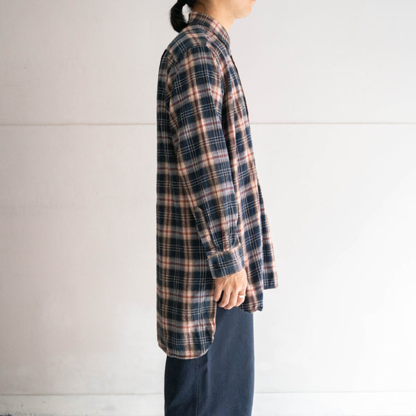 1970s France dark navy×red×yellow checked grandpa shirts