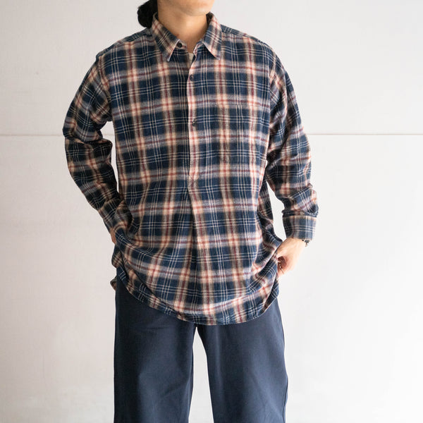 1970s France dark navy×red×yellow checked grandpa shirts