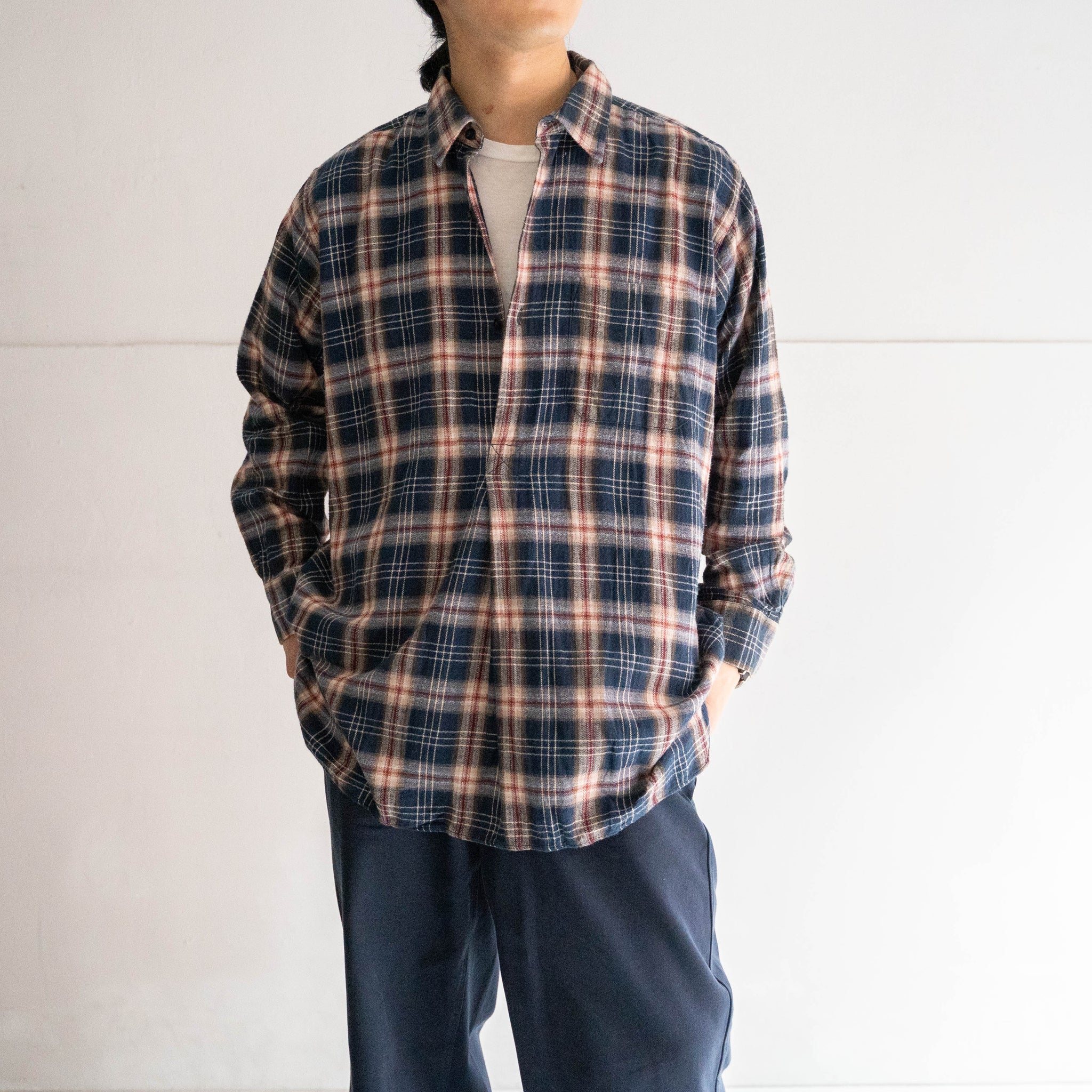 1970s France dark navy×red×yellow checked grandpa shirts