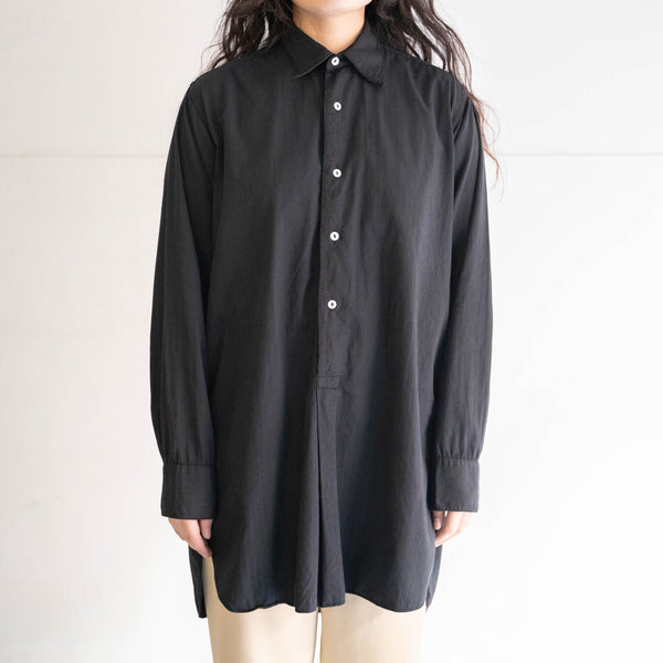 around 1940s France stripe pattern grandpa shirt -black dyed-