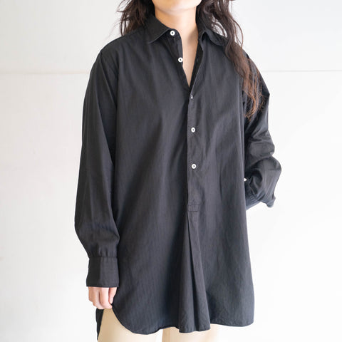 around 1940s France stripe pattern grandpa shirt -black dyed-