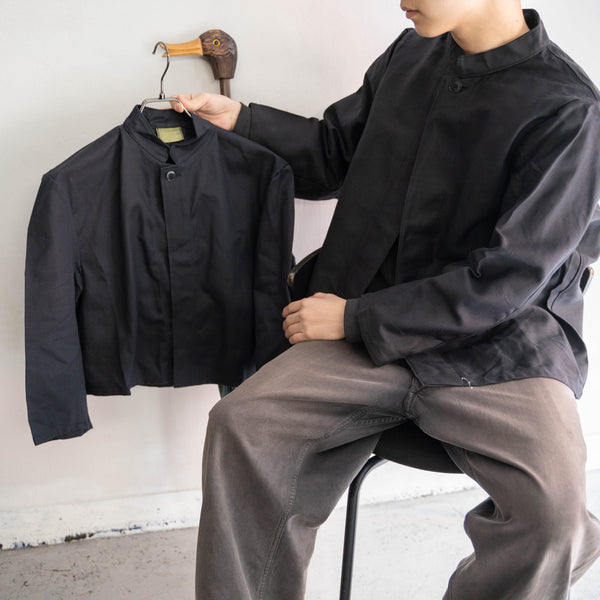 1980-90s Europe black cotton work jacket ‘dead stock’ -strange style- -1