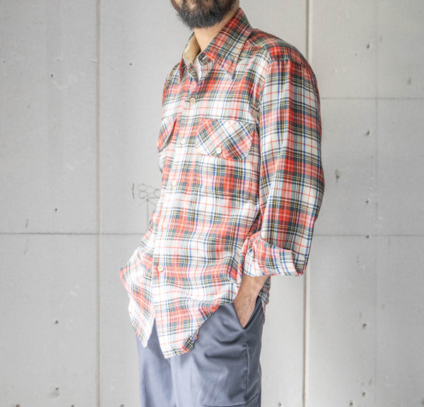 1970s cotton × poly multi color checked shirt　