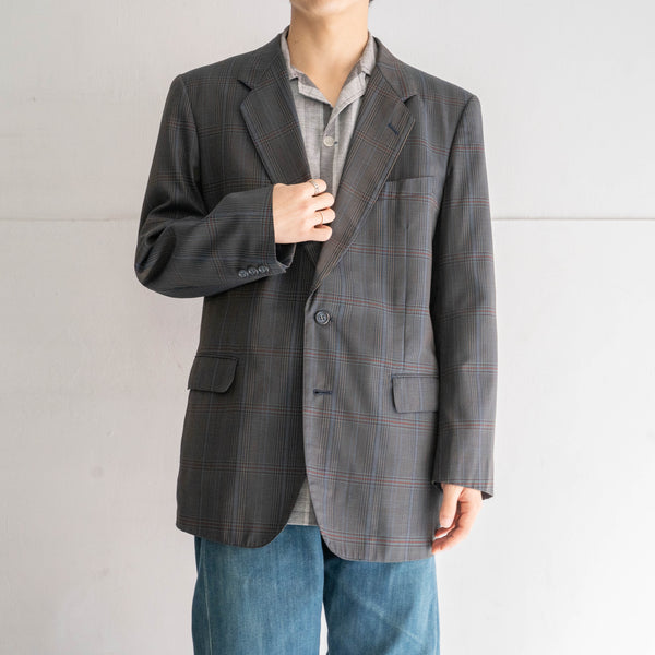 around 1980s Japan vintage blue gray base checked tailored jacket -light weight-