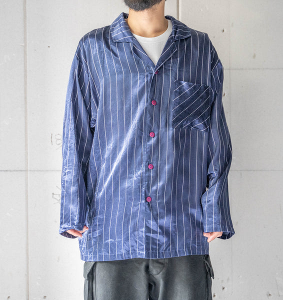 around 1990s Europe navy color stripe pattern pajama shirt