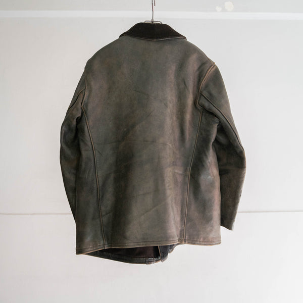 1940s France black leather corbusier jacket -great fade-