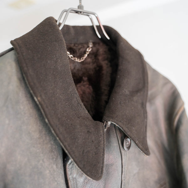 1940s France black leather corbusier jacket -great fade-