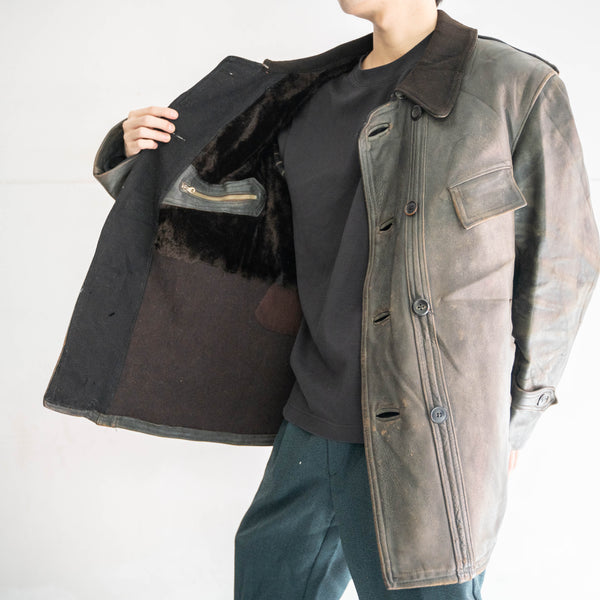 1940s France black leather corbusier jacket -great fade-