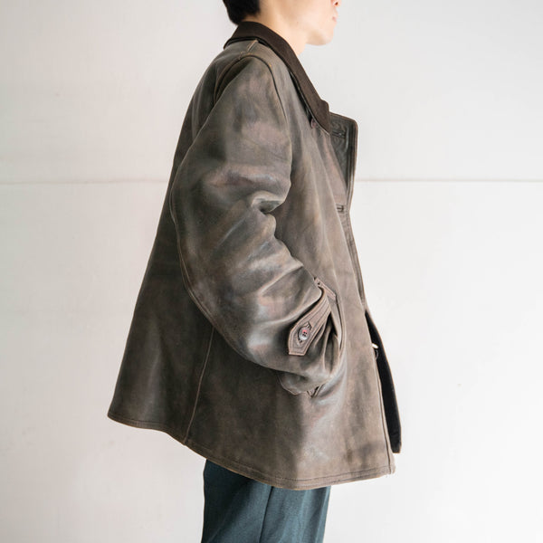 1940s France black leather corbusier jacket -great fade-