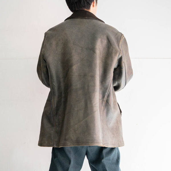 1940s France black leather corbusier jacket -great fade-