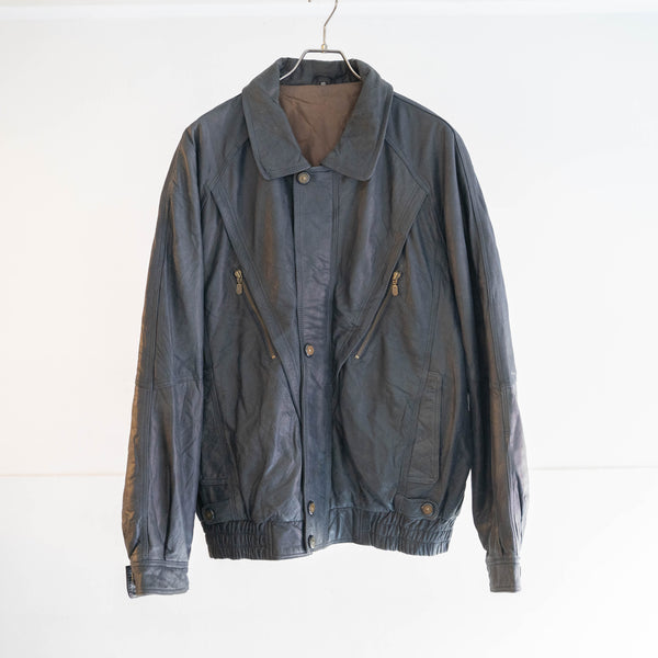 1980-90s dark navy color cow leather design jacket