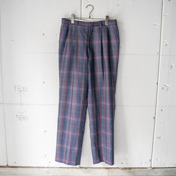 around 1980s Japan vintage navy based poly × wool checked pattern slacks