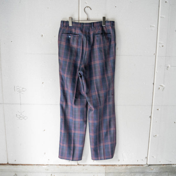 around 1980s Japan vintage navy based poly × wool checked pattern slacks