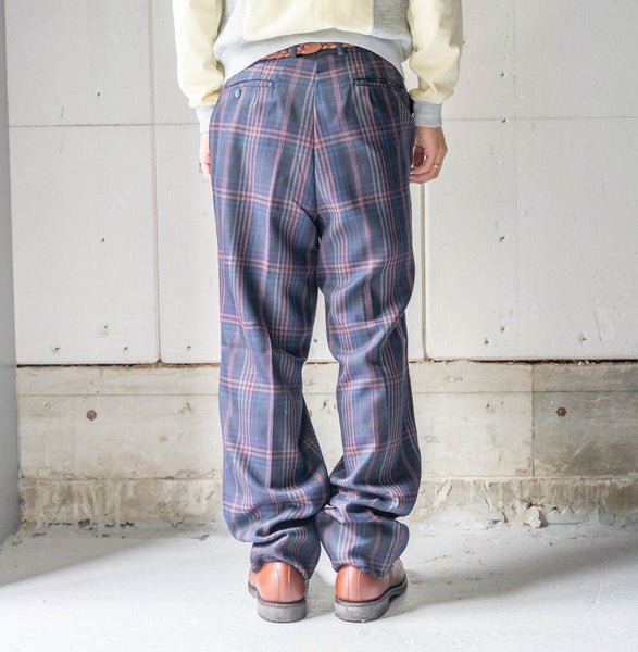 around 1980s Japan vintage navy based poly × wool checked pattern slacks