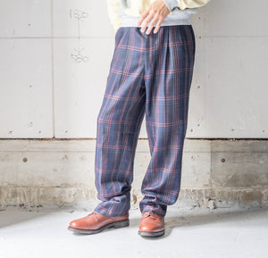 around 1980s Japan vintage navy based poly × wool checked pattern slacks