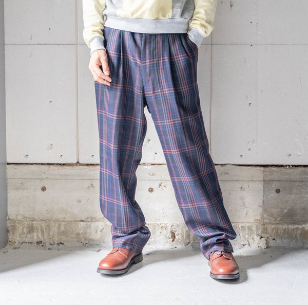 around 1980s Japan vintage navy based poly × wool checked pattern slacks