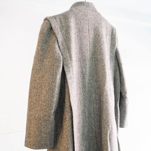 1980-90s US light gray color herringbone pleats design long wool coat