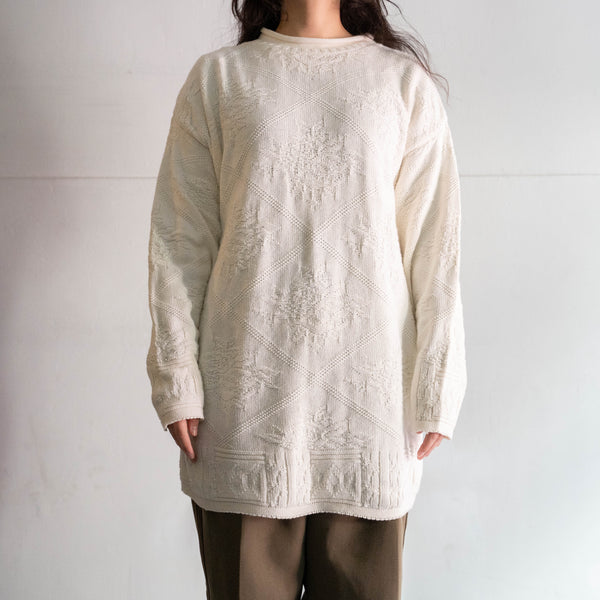 around 1990s white color roll neck cotton knit -lace pattern-