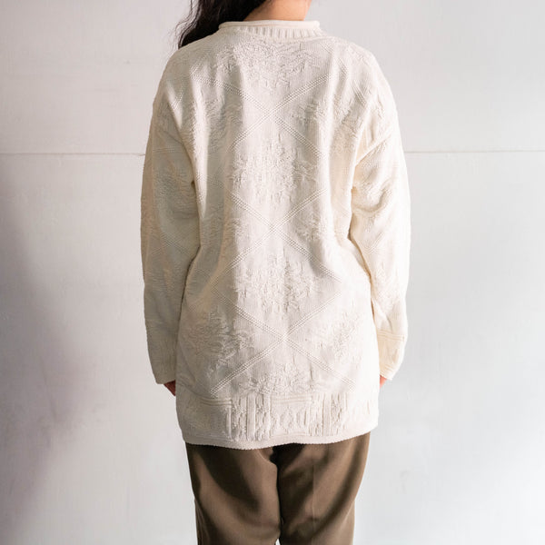 around 1990s white color roll neck cotton knit -lace pattern-