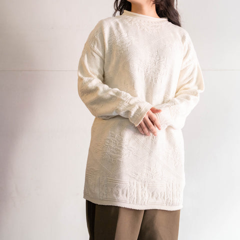 around 1990s white color roll neck cotton knit -lace pattern-