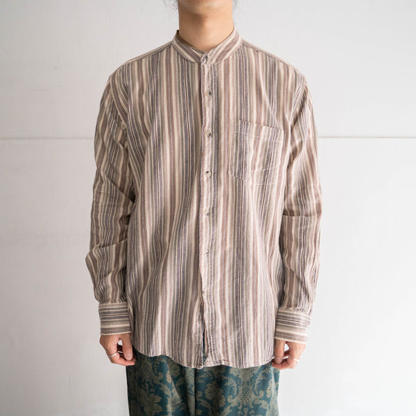 1990-00s beige color multi stripe stand collar shirt